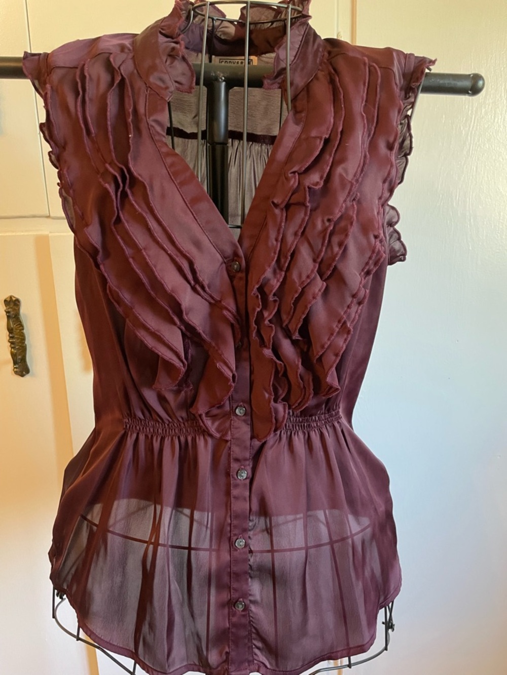 Converse Burgundy Ruffle Sheer Button-Front Blouse